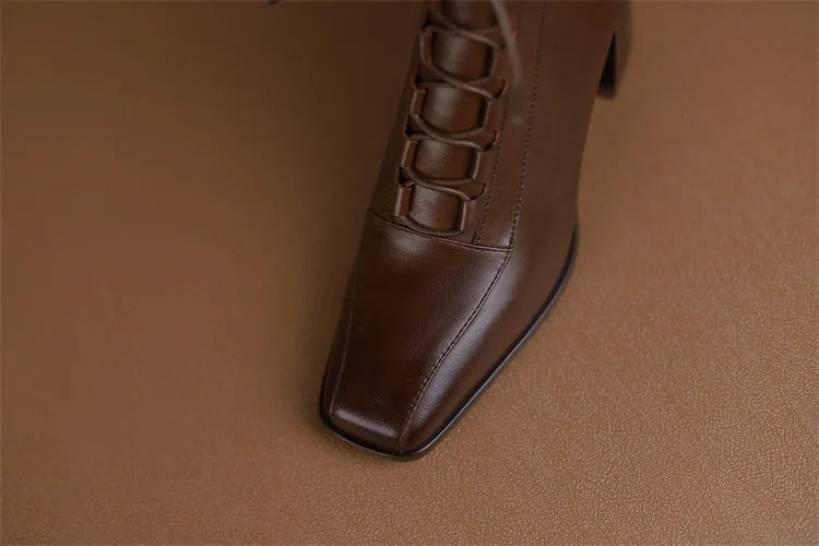 2026 Fashion Women Shoes Split Leather Short Boots Square Toe Chunky Boots Winter Shoes Women Solid High Heel Boots for Women