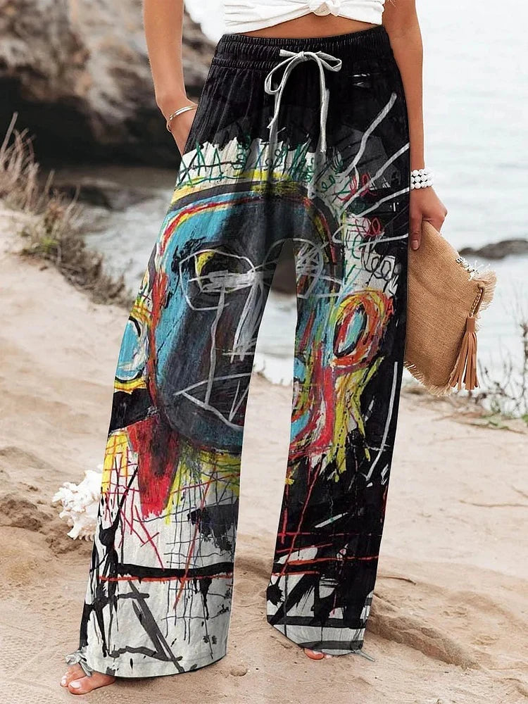 2025 New Women's Drawstring Relaxed-Fit Casual Pants 3D Floral Print Comfortable Breathable Fashionable Wide-Leg Pants
