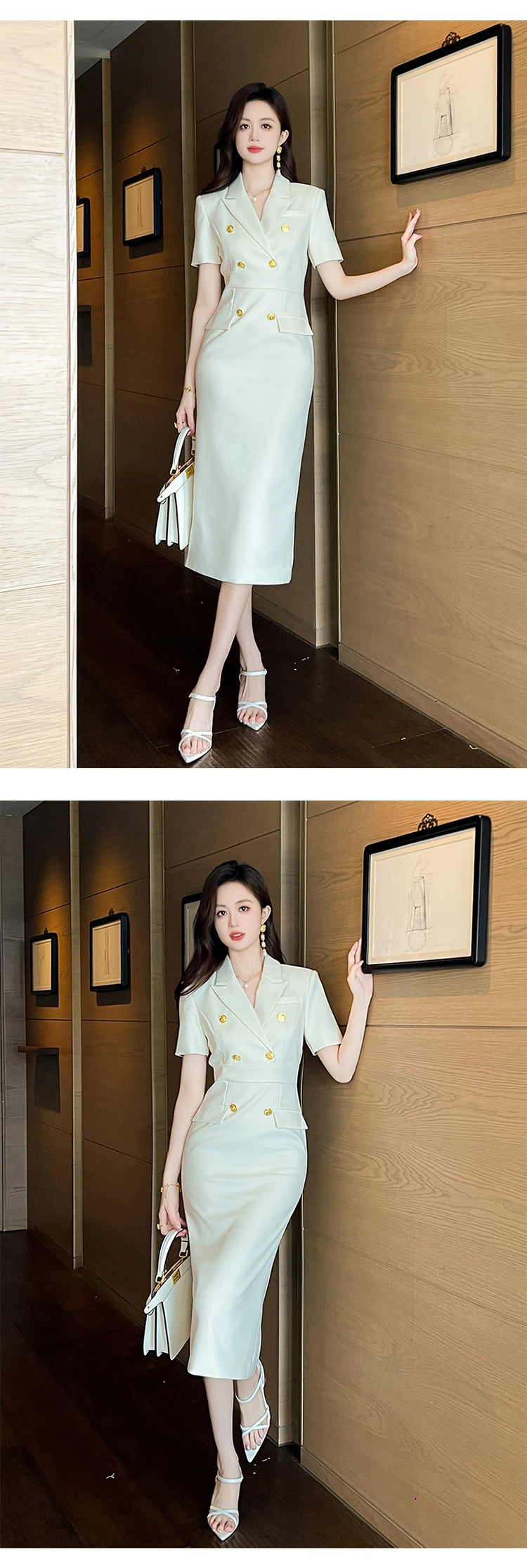 Elegant Office Lady Classic Business Formal Pencil Dress Women Clothes Blazer Commute Short Sleeve High Waist Slim Midi Vestidos