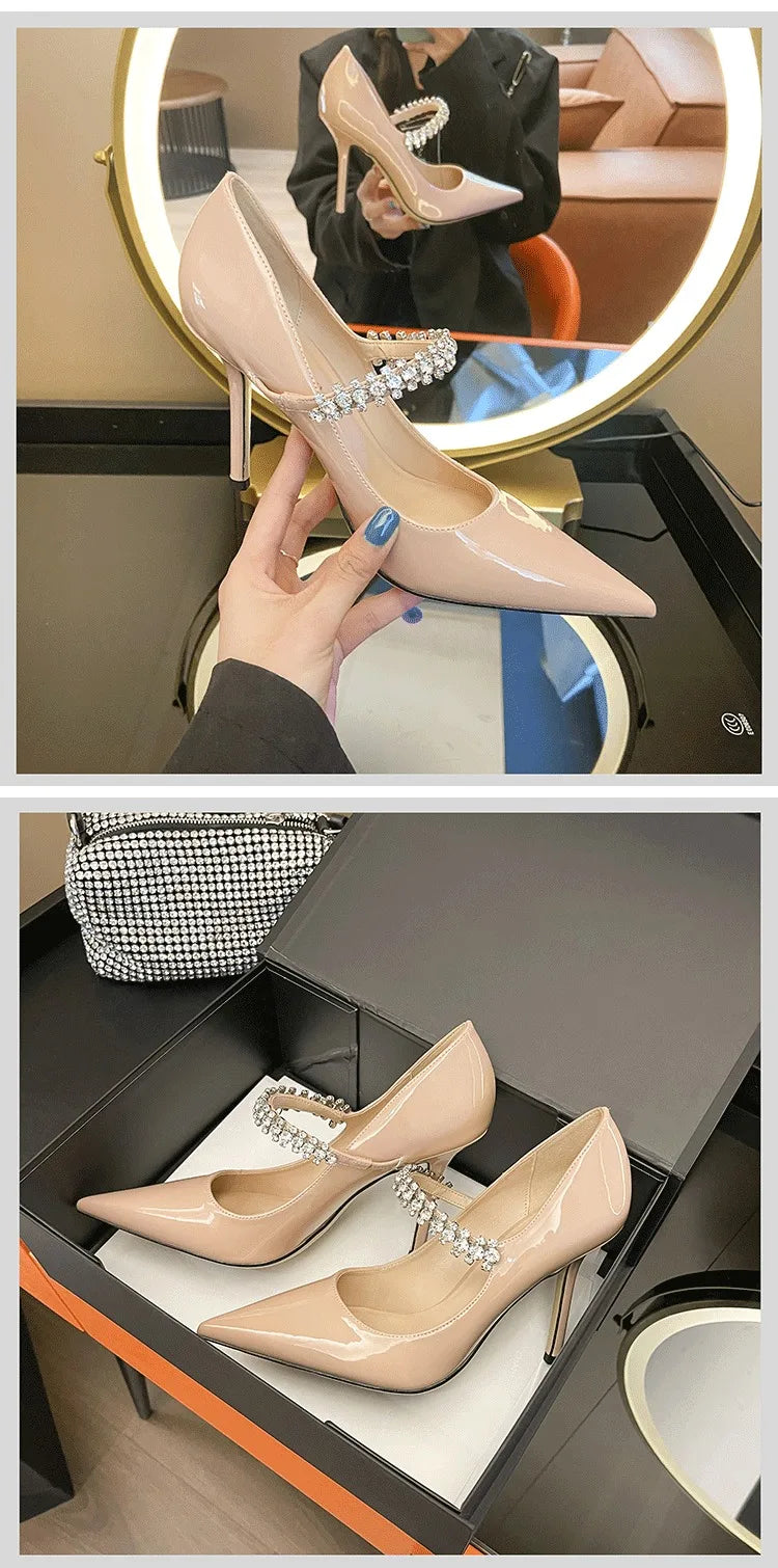 Spring 2025 New French Rhinestone Pointed White High Heels Temperament Patent Leather Shoes Women Wedding Pumps