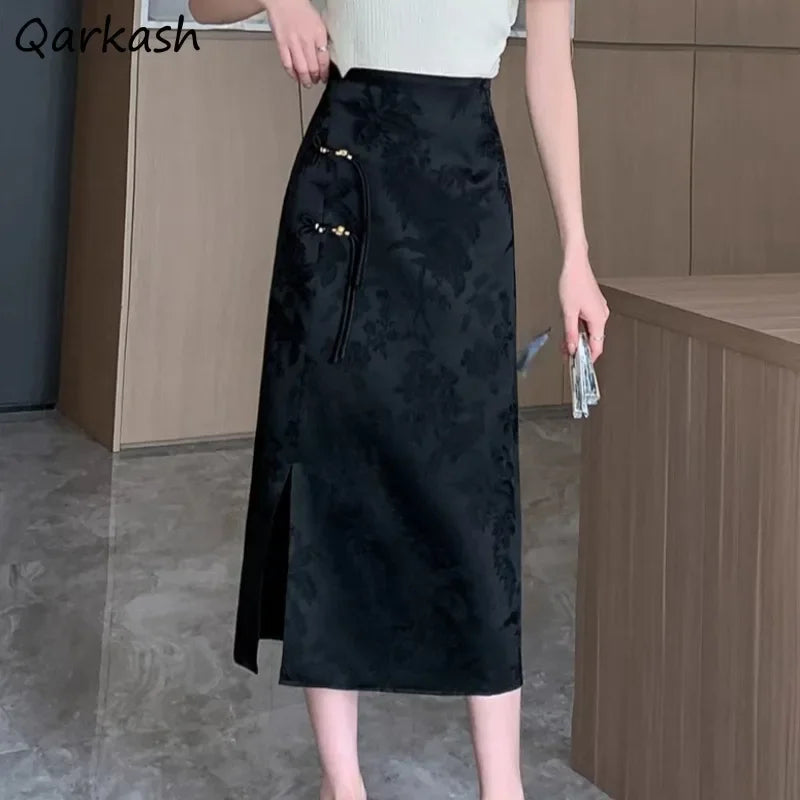 Chinese Style Skirts for Women Printed Casual Streetwear Elegant Female Spring Summer Chic Solid High Waist Simple New Trendy