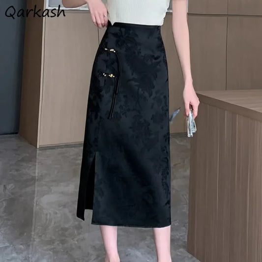 Chinese Style Skirts for Women Printed Casual Streetwear Elegant Female Spring Summer Chic Solid High Waist Simple New Trendy