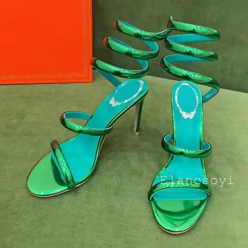 Sexy Thin Heels Sandals Summer Women Real Leather Ankle Snake Shaped Winding Banquet Shoes Summer High Heels Gladiator Sandalias