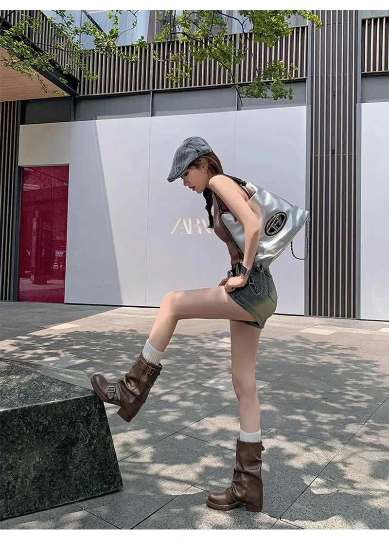 Pleated Buckle Knight Boots for Women Autumn Brown PU Leather Mid Calf Boots Woman Slip-On Thick Heel Riding 2024