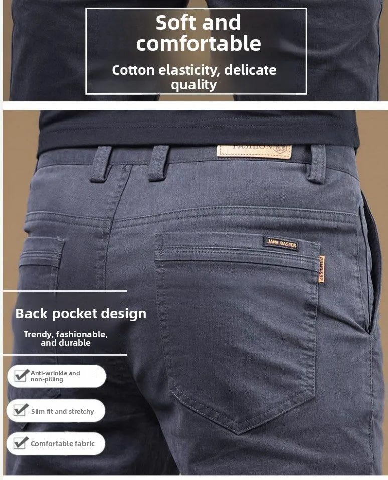 2025 Summer Thin Cotton Men's Casual Pants Trendy Versatile Elastic Light Business Trousers Work Formal Slim Straight Pants