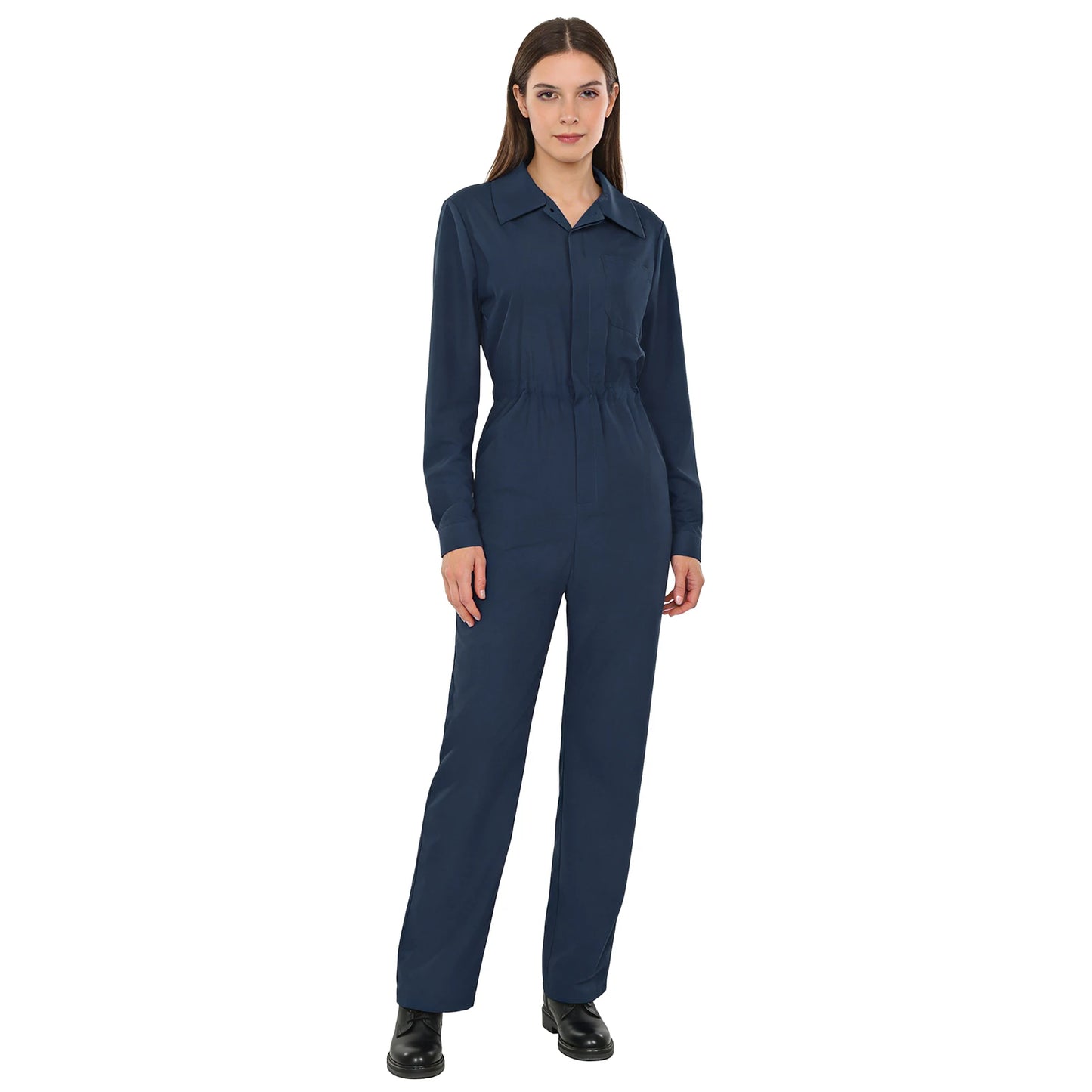 Womens Coverall Solid Color Turn-Down Collar Long Sleeve Button Jumpsuit Mechanic Work Overalls Fashion Casual Cargo Rompers