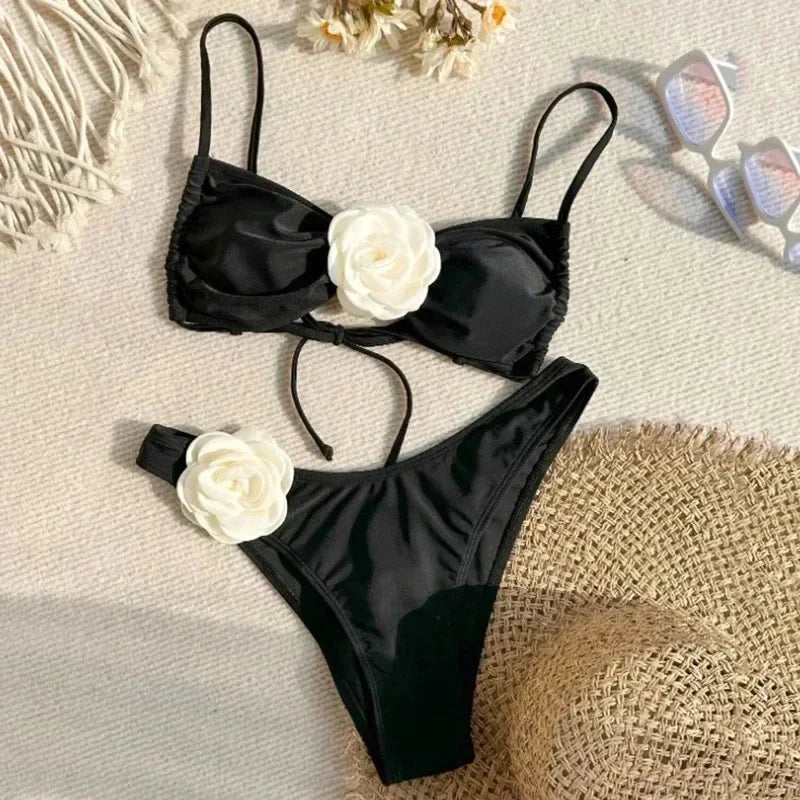 Women Two Piece Bikini Set 3D Floral Bandeau Swimwear Sexy Brazilian Bikini Lace Up Bathing Suit Separate Beachwear For Women