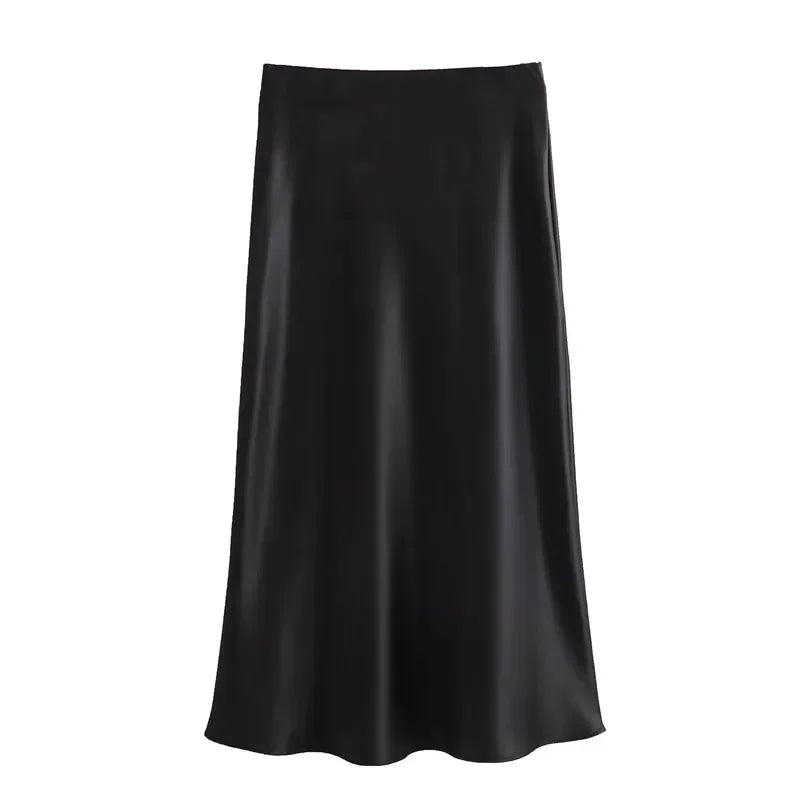 HXAO 2025 Skirts For Women Black Satin Skirt Summer Elegant Women's Midi Skirts High Waist Smooth Skirts Green Flare Skirt 088