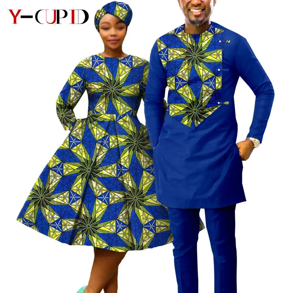 African Print Dresses for Women with Headwrap Matching Couple Outfits Dashiki Men Long Sleeve Pathwork Top and Pant Sets Y23C004