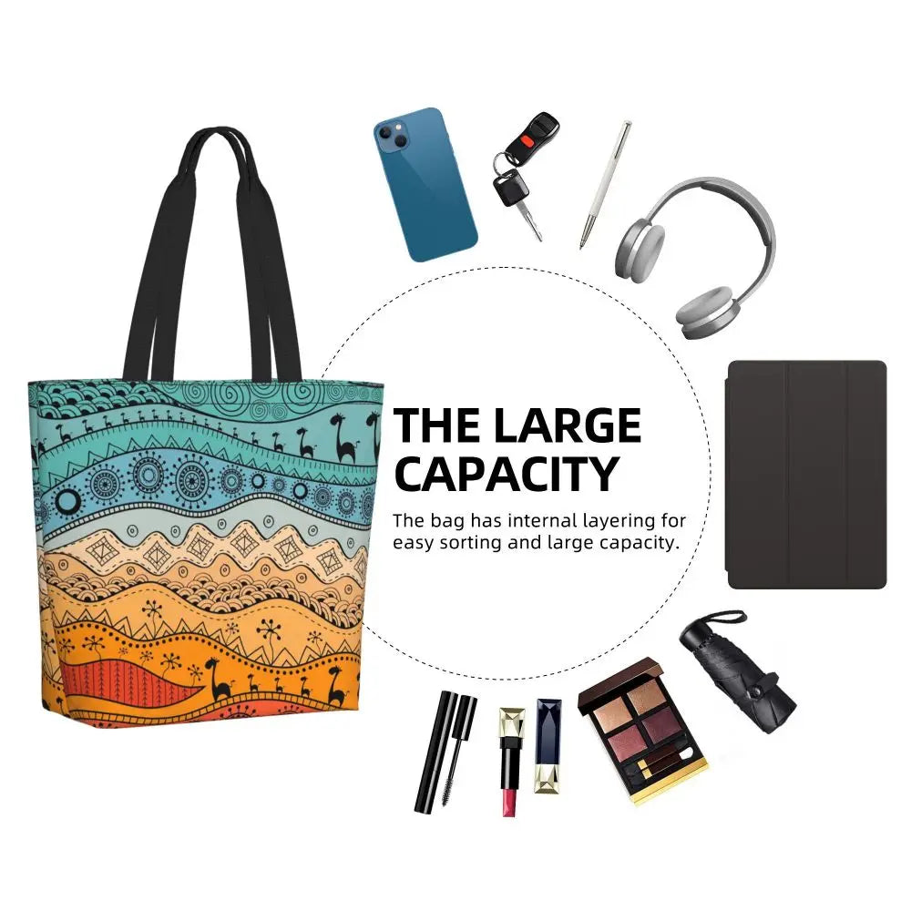 African Ankara Prints Grocery Shopping Tote Bags Women Geometric Ethnic Art Canvas Shoulder Shopper Bags Big Capacity Handbag