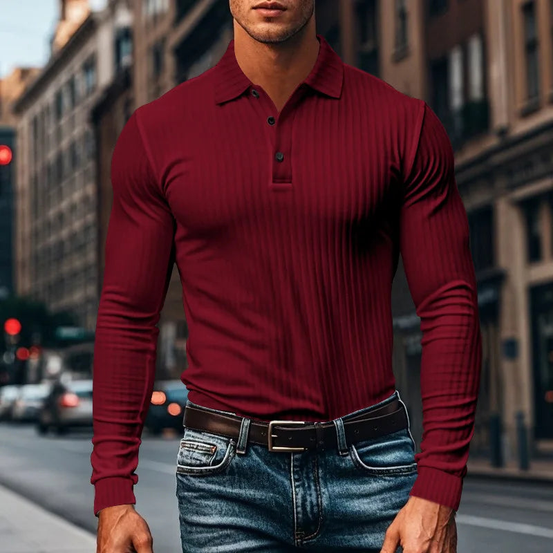 Cross-border autumn men's classic casual American lapel button-up long-sleeved T-shirt elastic pit strip polo shirt