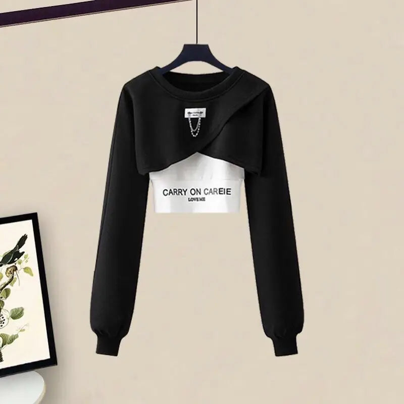 Korean Elegant Sportswear Suit Women's Spring Autumn Fashion Short Sweater+Suspenders+Pants Three Piece Female Tracksuit Set