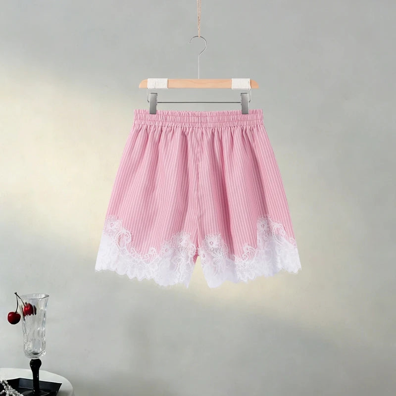 Casual Women's Matching Sets Long Sleeve Shirts Shorts Suit Lace Patchwork 2 Pieces Sets 2026 NEW Spring Beach Lady Outfits