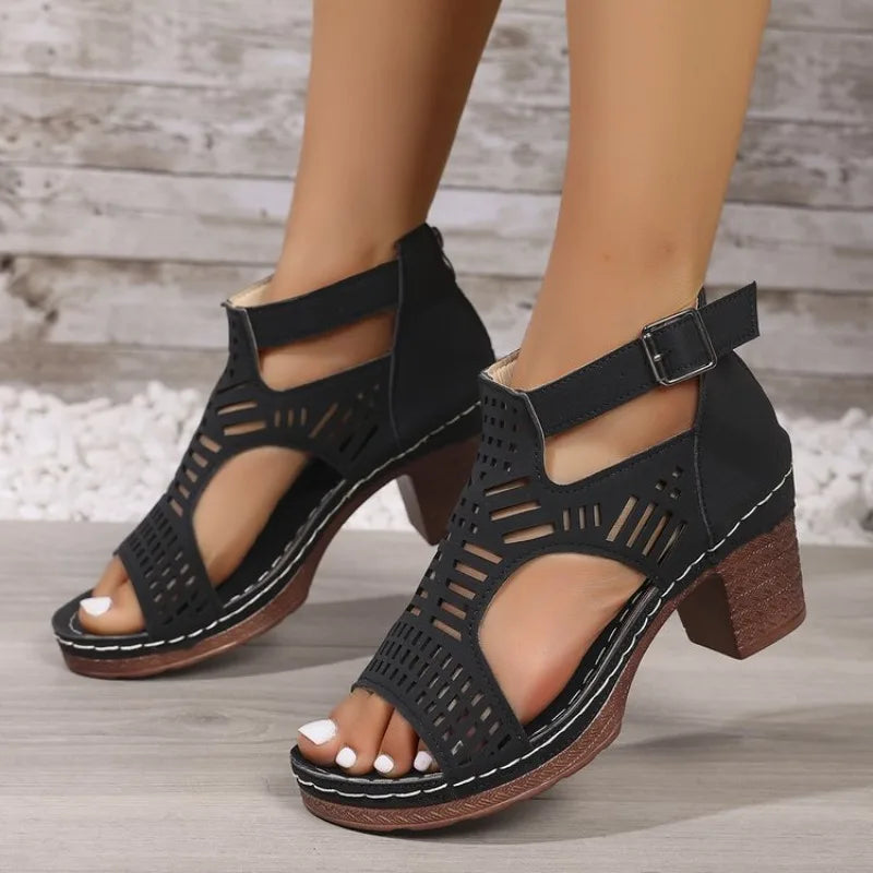 Sandals for Women 2026 New Thick Heeled Sandals Summer Breathable Hollow Out Sandals for Women Retro High Heels Roman Sandalias