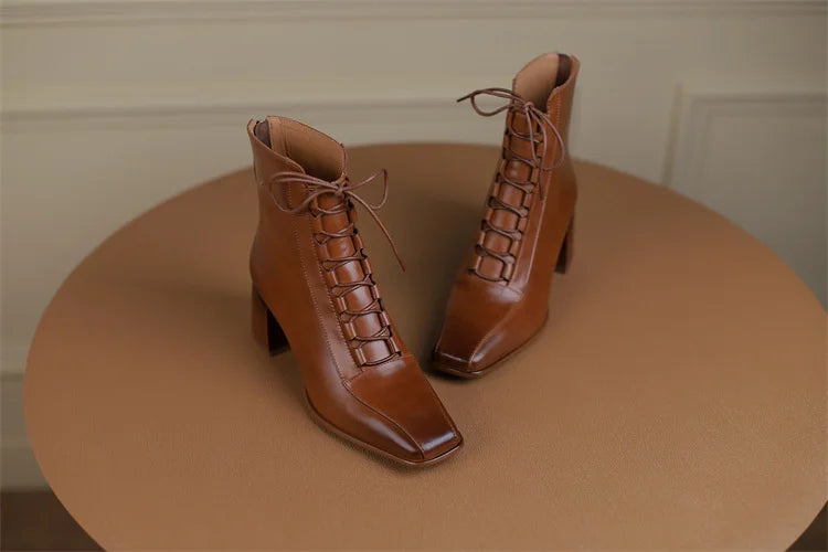 2026 Fashion Women Shoes Split Leather Short Boots Square Toe Chunky Boots Winter Shoes Women Solid High Heel Boots for Women