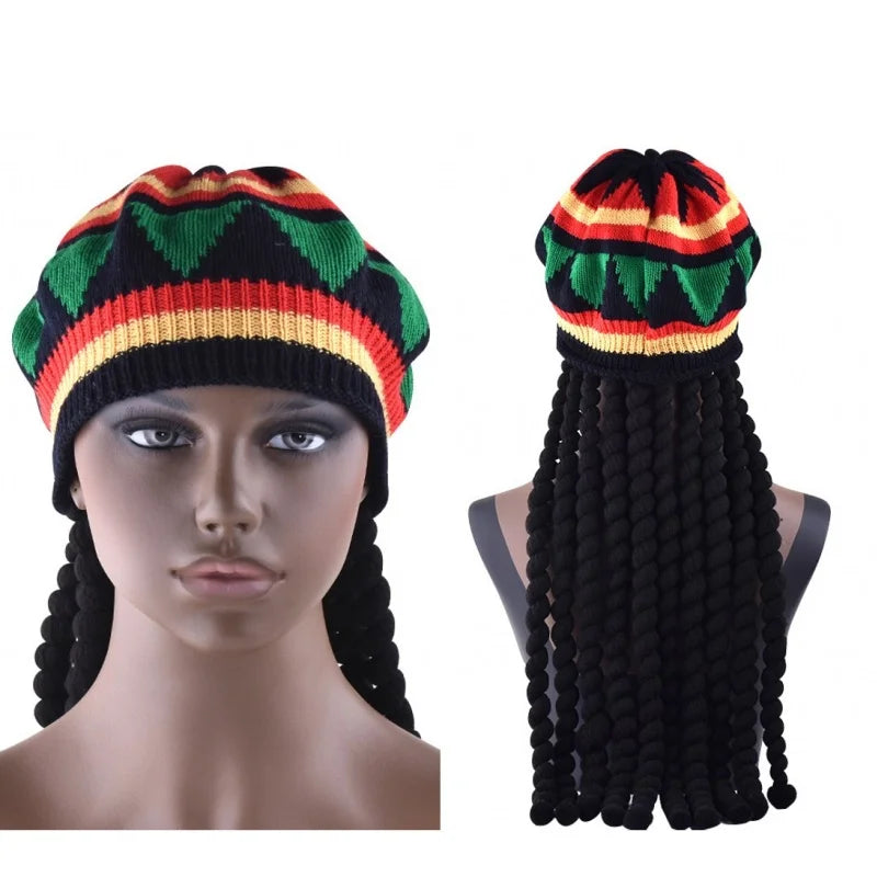 Unisex Synthetic Wig Knit Braid Hat Jamaican Bob Rasta Beanie Cap Dreadlocks Wig Bob Marley Caribbean Hip Hop Cosplay Headwear