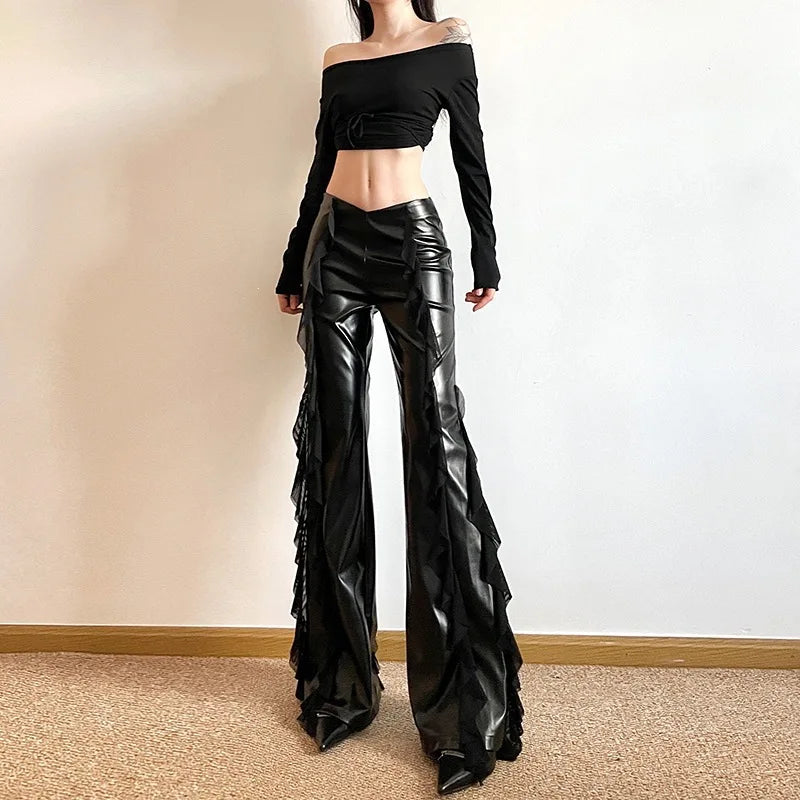 Punk Style PU Leather Pants Gothic Black Lace-paneled Trouser Sexy High-waisted Slim Flared Pants 2026 Summer Women's Clothing