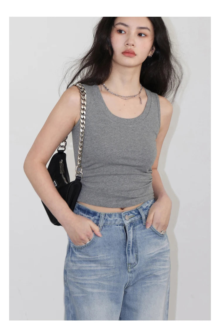 CHIC VEN Women Tanks New Solid Color Tees U-neck Pleated Vest Suspender Sleeveless Slim Female Top Spring Summer 2024