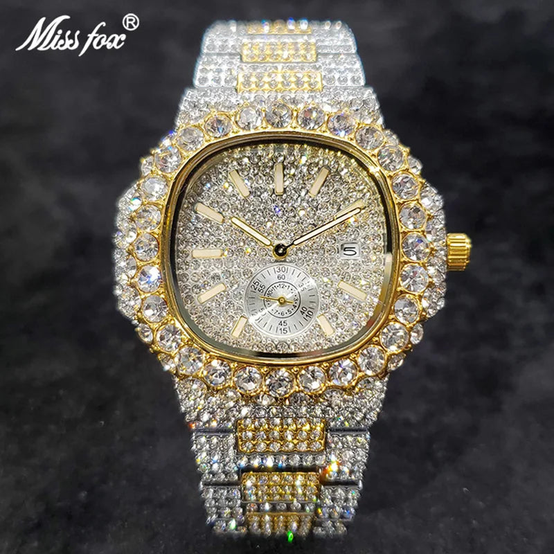 MISSFOX Iced Out Watch For Men Luxury Fashion Gold Quartz Watches Hip Hop High Quality Waterproof  Male Daimond Clock New Gift