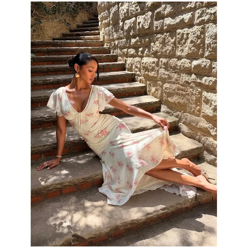 Women Elegant Printed Fishtail Dress Sexy V-neck Short Sleeve Waist-cinching Pleated Slim Maxi Dresses 2026 Lady Vacation Robe