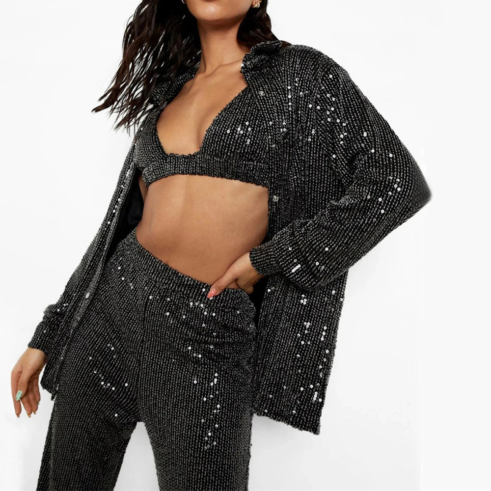 Women Fashion Tracksuits Shirt With Long Pants Three Pieces Sets Sequins Beading Clothing Outfits Women Blouses