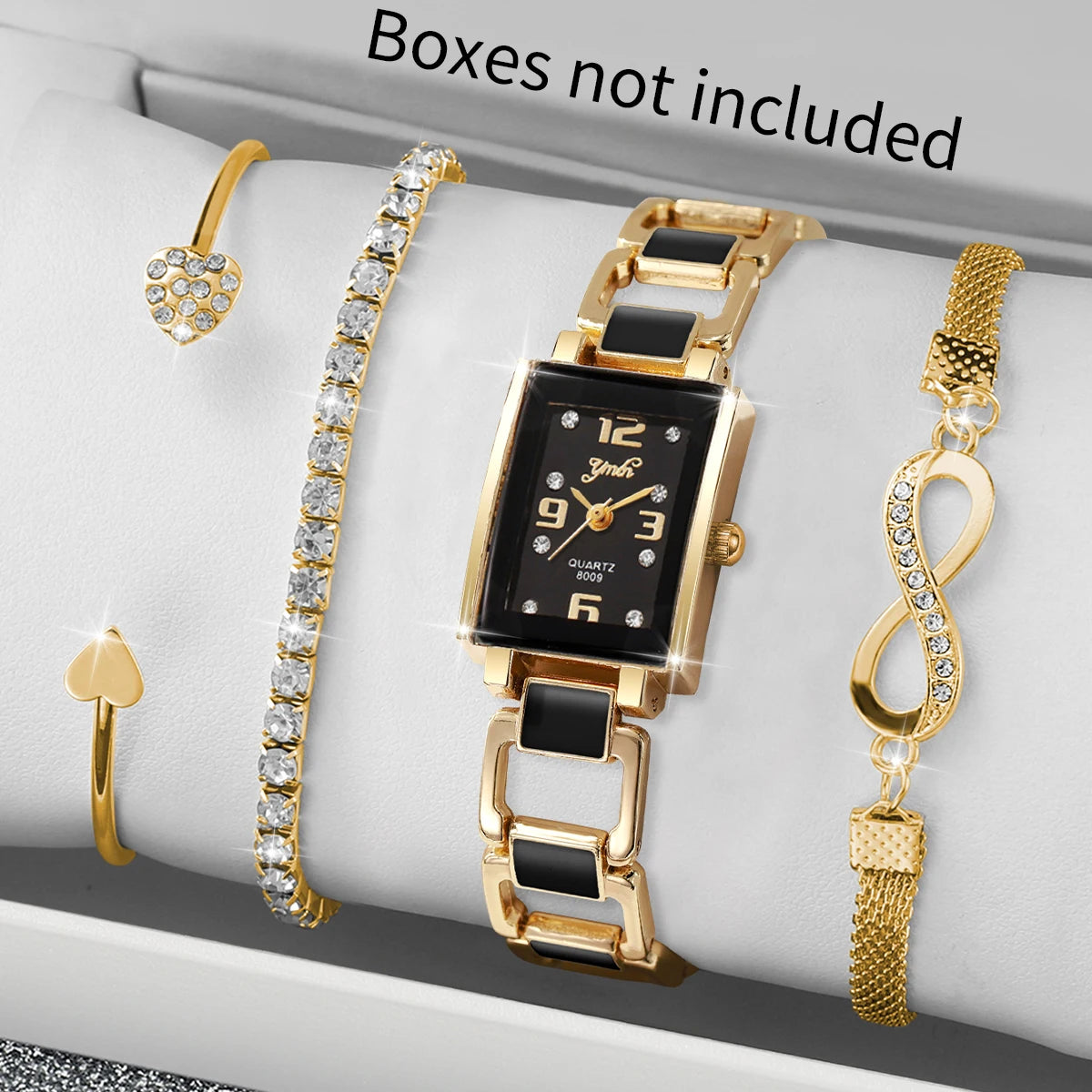 4PCS Elegant Square Women Watches Rhinestone Bracelets Set Fashion Ladies Quartz Wristwatch Clock Reloj Mujer（Without Box）