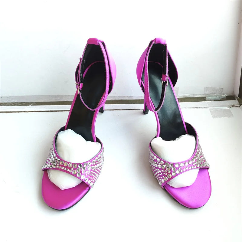Summer 2023 Internet Celebrity Rhinestone Open Toed Sandals Fashion Round Toe Slim Heel Sandals Sexy Wrapped Party Sandals 35-43