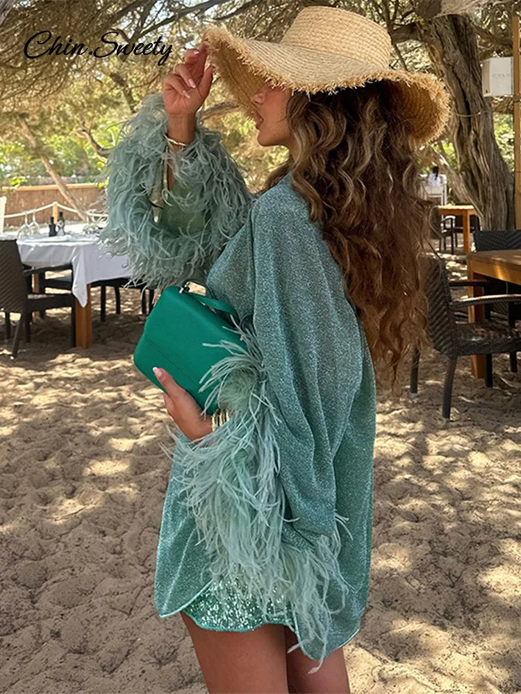 Glitter Feather Oversize Shirt Women Sparkle Stand Collar Long Sleeve Y2K Blouse