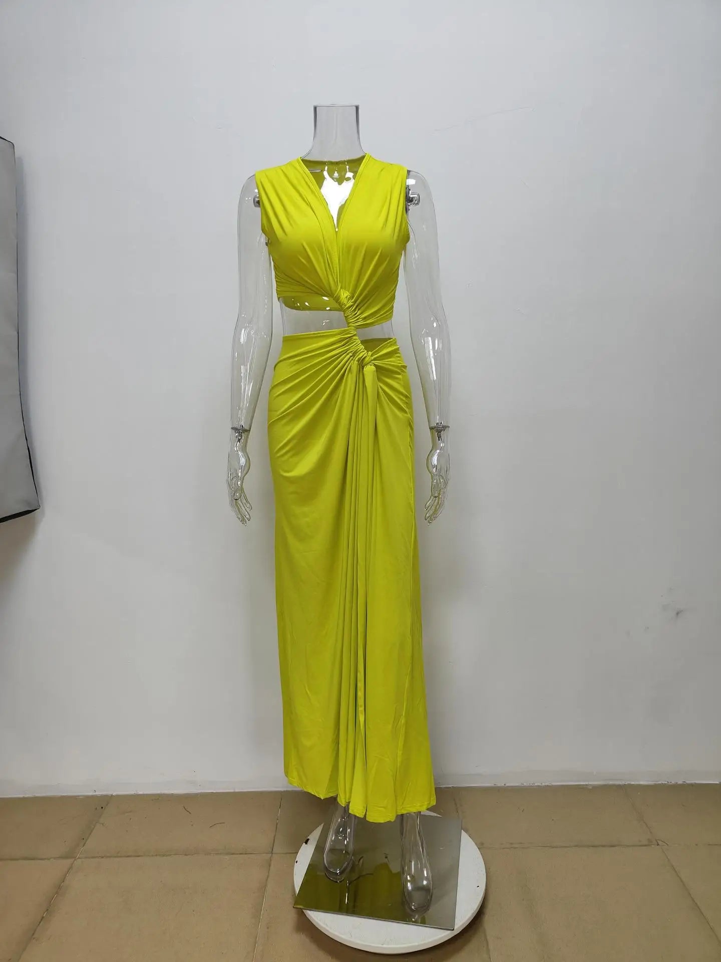 New Summer Elegant Women Sexy Deep V Cut Out Slit Maxi Dress Fashion Casual Sleeveless Waist Hollow Out Outfits Lady Long Dress