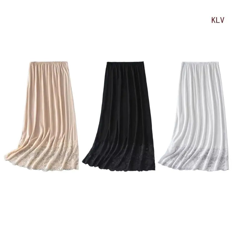 Womens Lace Trim Half Slip Long Underskirt Elastic Waist Solid Color Petticoat Basic Safety Half Skirt for Under Dresses