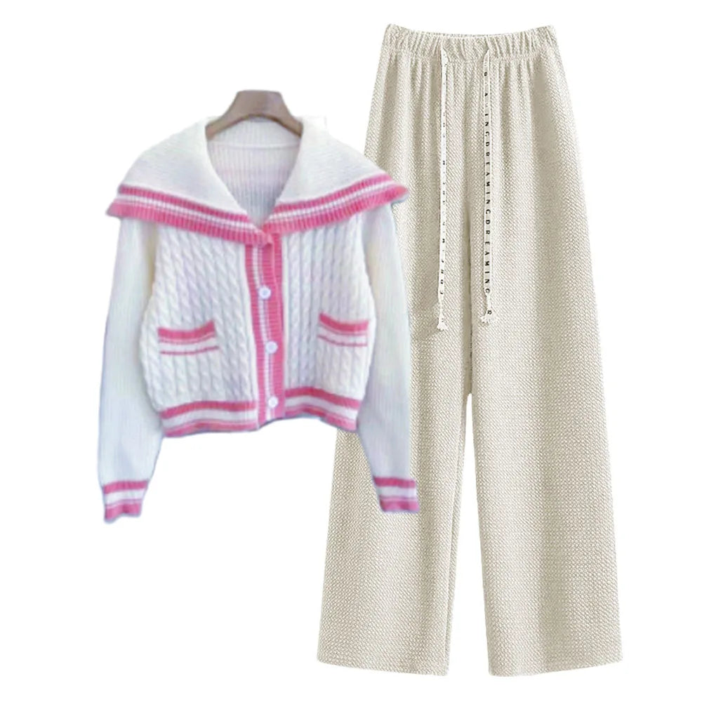 Knitted Spring Preppy Style Sailor Neck Women's Knitted Cardigan Elastic Wide Leg Pants Long Sleeve Korean Sportswear Set