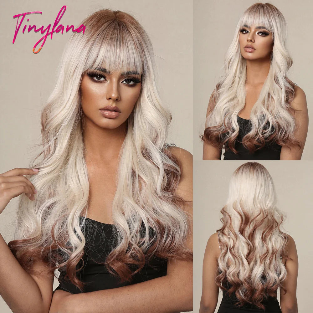 Long Wavy Silver Ash Ombre Cosplay Synthetic Wigs Natural Curly Gray Black Hair Wig with Bangs for Women Afro Heat Resistant