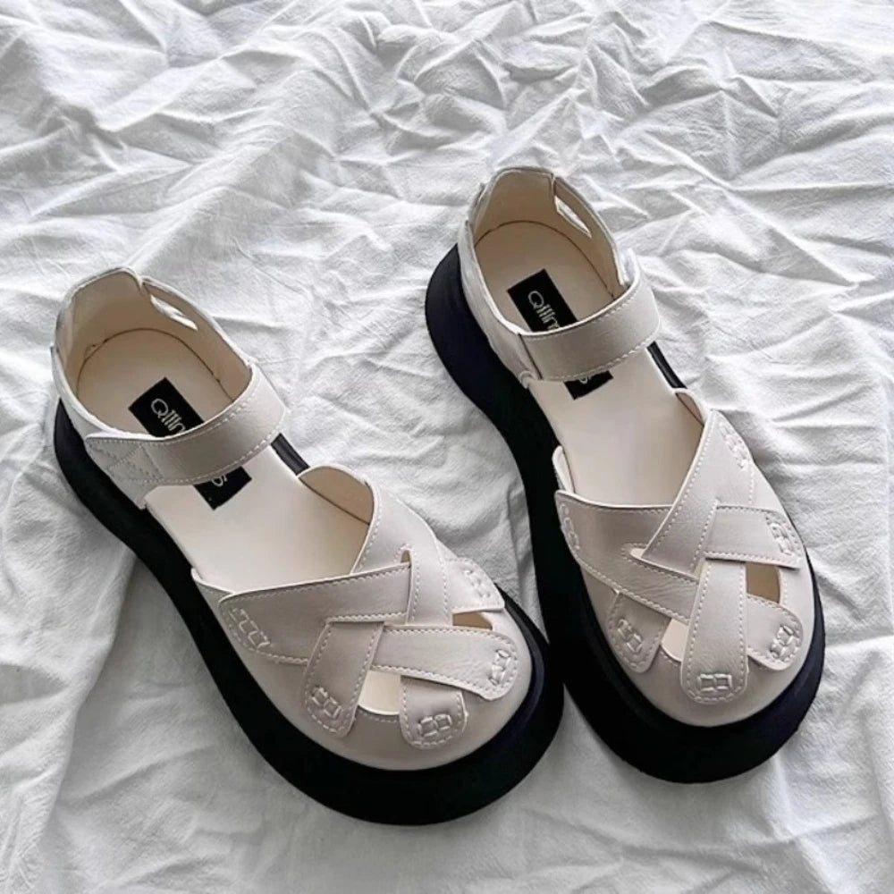 2025 Summer New Retro Style Mary Jane Enclosed Toe Sandals for Women Artistic & Versatile Weaving Style Thick Soled Roman Shoes