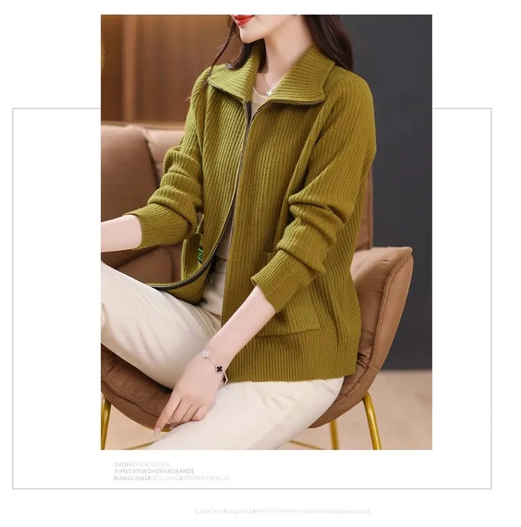 Knitted Cardigan Jacket Women Zipper Lapel Sweater Autumn Winter Outerwear