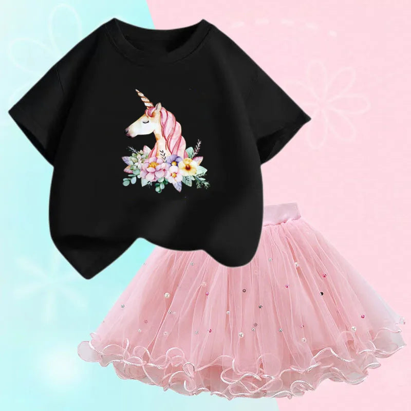 Dresses For Girl Summer Fashion Wear Outfit Kids T-Shirt Suit Unicorn Party Baby Costumes For Children Tulle Tutu Skirt Clothing