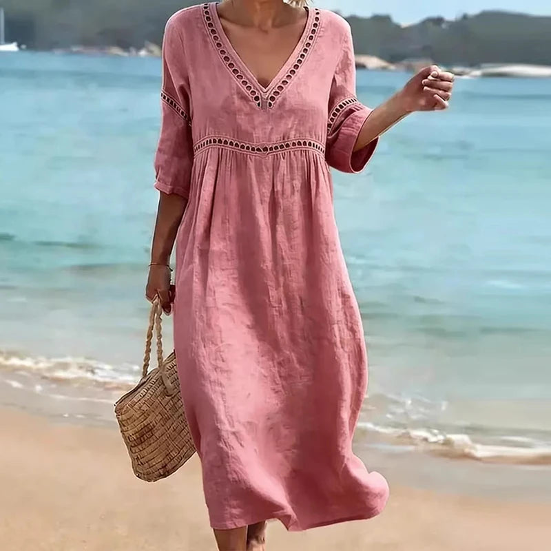 Summer V Neck Half Sleeve Loose Beach Holiday Dress Women Casual Hollow Out Design Solid Color A-line Midi Dress Boho
