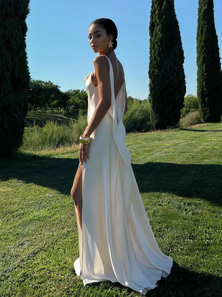 Sexy Backless Satin Women's Summer Dress V-neck Sleeveless Backless Slit Beach Sling Sundress 2026 Lady Chic Evening Party Robes