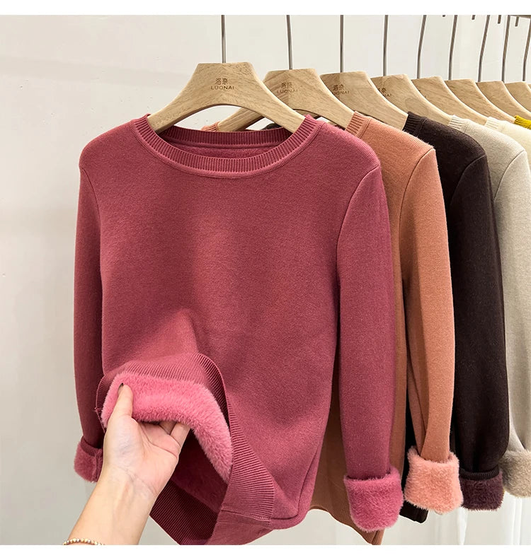 Women's O-neck Velvet Thicken Sweaters Winter Slim Warm Long Sleeve Knitted Tops Casual Plush Fleece Lined Soft Pullovers Ladies