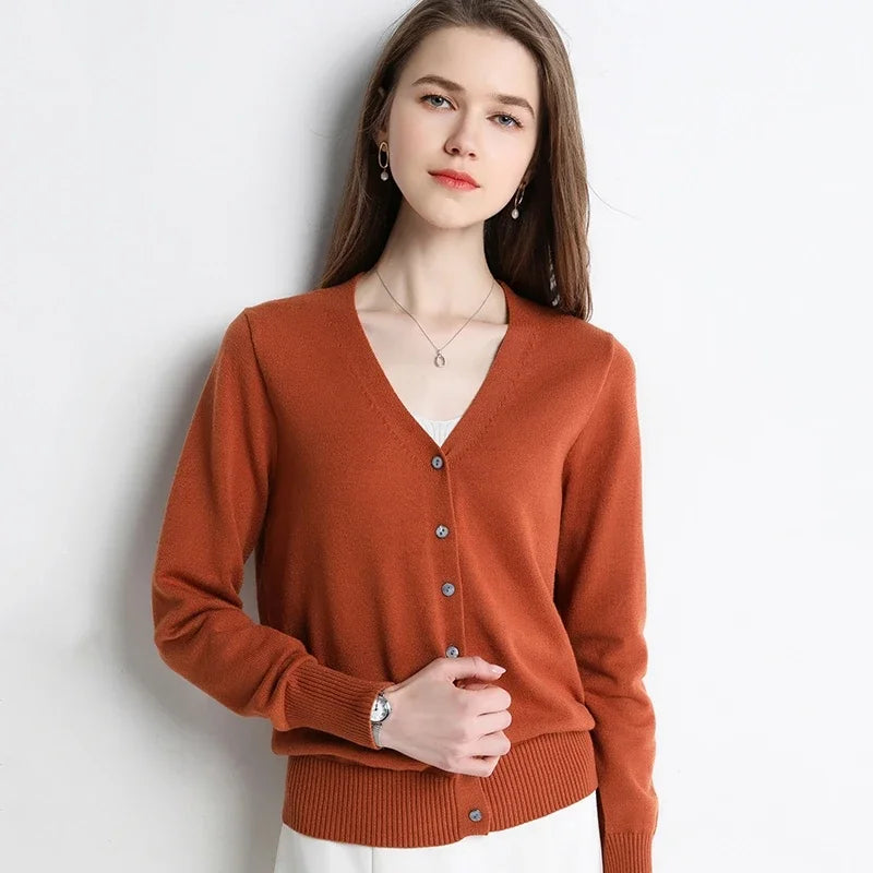 Women Cardigans V-neck Long Sleeve Knitted Outerwear Solid Thin Spring Autumn Sweaters Knitwears Korean Fashion Red Cardigans