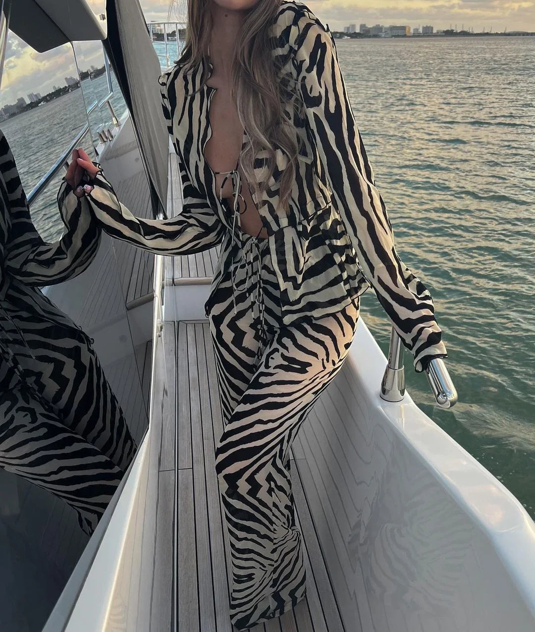 Cryptographic Animal Print Mesh Sheer Stripe Tie Front Detail Top Matching Sets Fashion Outfits 2 Piece Sets Holiday Beachwear