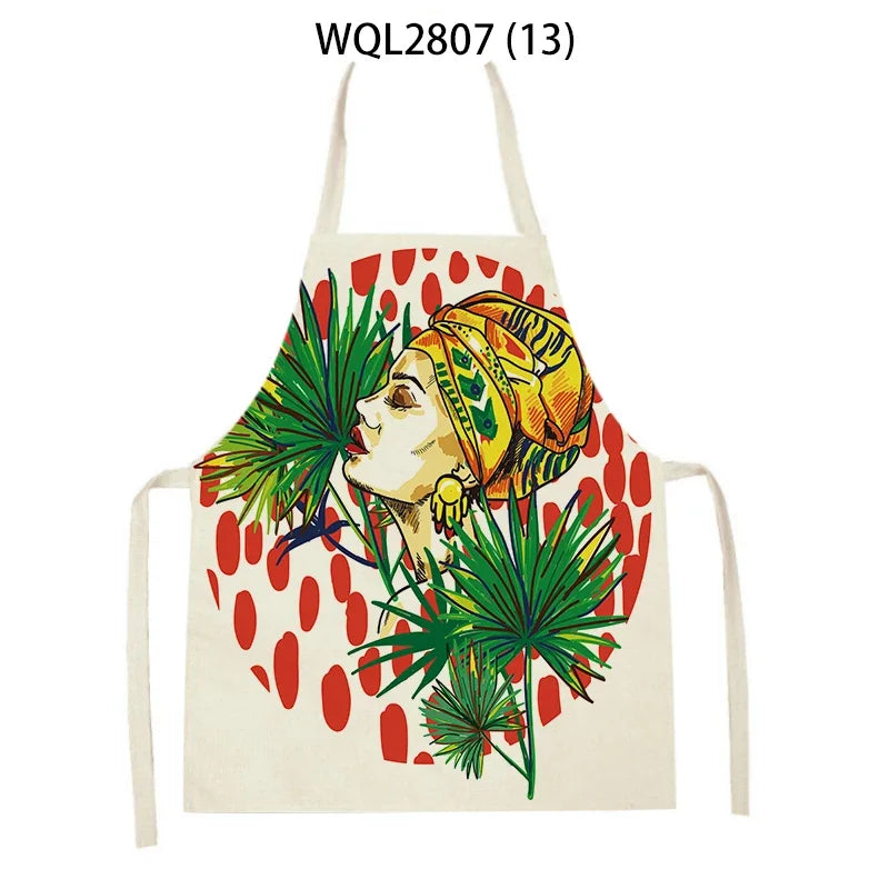 African Style Kitchen Aprons Linen Cooking Waist Bib African Woman Pattern Household Cleaning Sleeveless Pinafore Baking Aprons