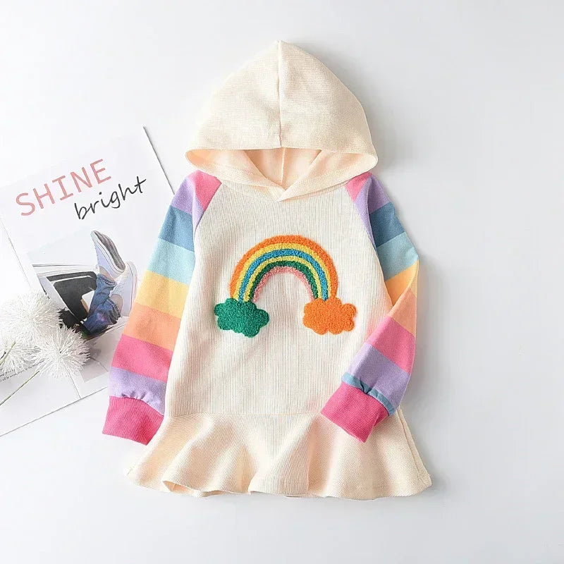 Autumn Rainbow Dress Baby Girls Party Princess Dress Korean Version Long Sleeves Kids Clothes Casual Hooded Sweatshirt Outfits