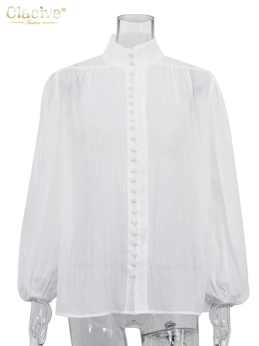 Clacive Fashion White Cotton Woman Blouse 2024 Elegant Stand Collar Puff Sleeve Shirts Casaul Classic Blusa Tops Female Clothing