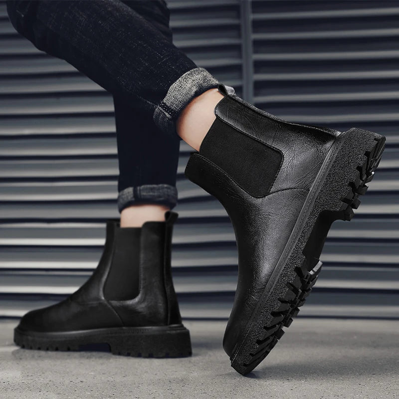 Mens Genuine Leather Chelsea Boots Ankle Casual Fashion Boot Luxury Winter Plush Warm Non-Slip Soles Pure Black Brown Suede