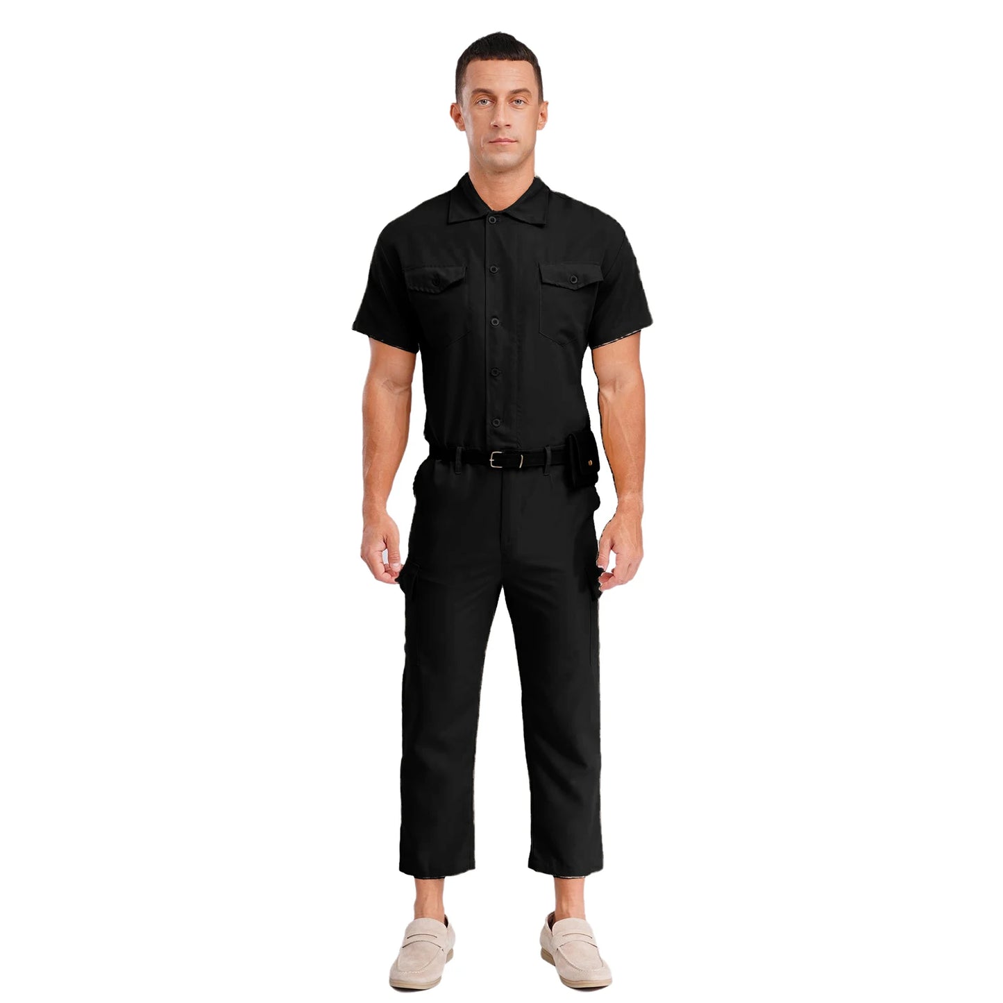Mens Overalls Work Cargo Jumpsuit with Purse And Belt Workshop Uniform Multi-pocket Shorts Bottom Coveralls Rompers Work Wear