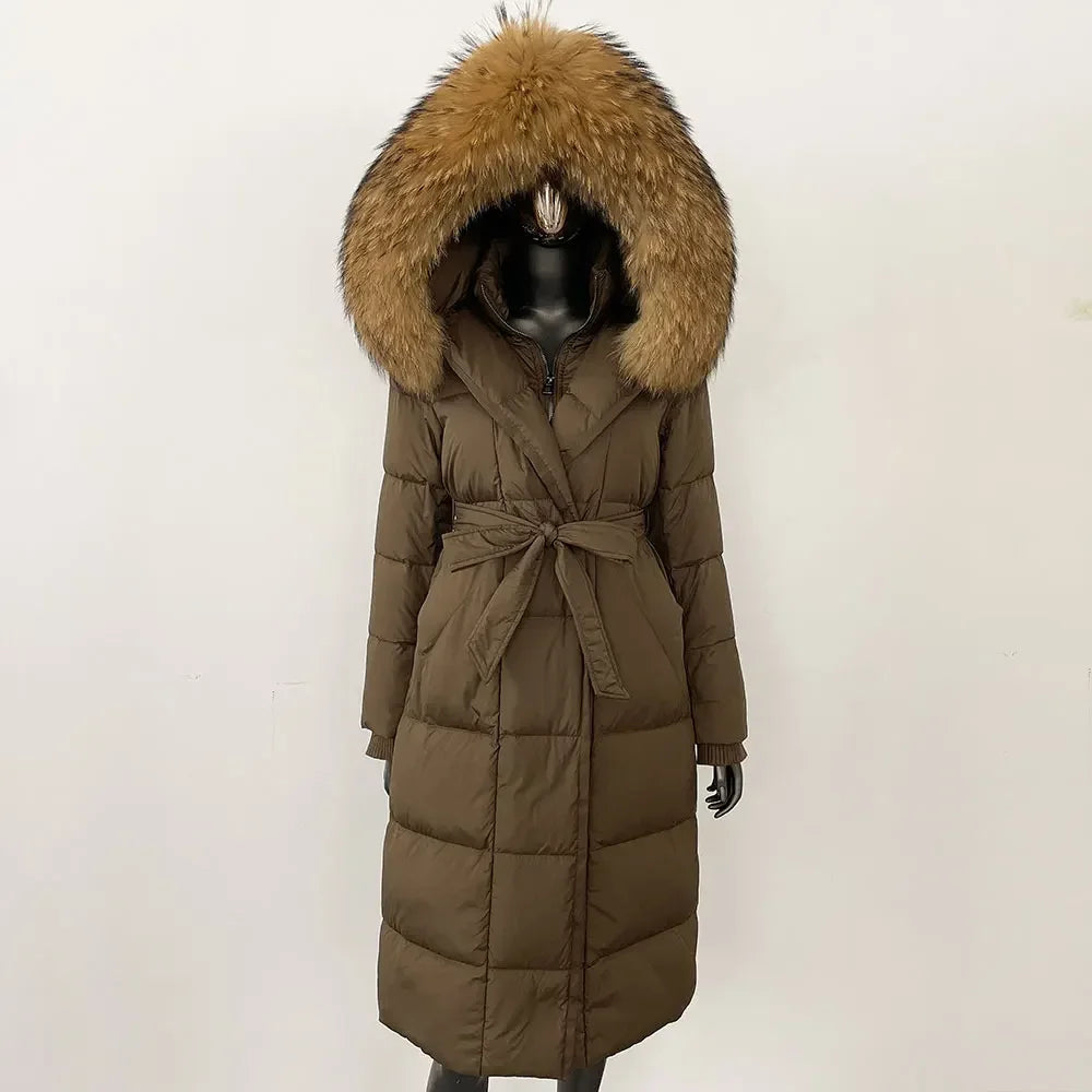 Down Jacket Women Winter Real Natural Fox Fur Hooded Detachable Collar Belt White Goose Down Coat Long Casual Elegant Overwears