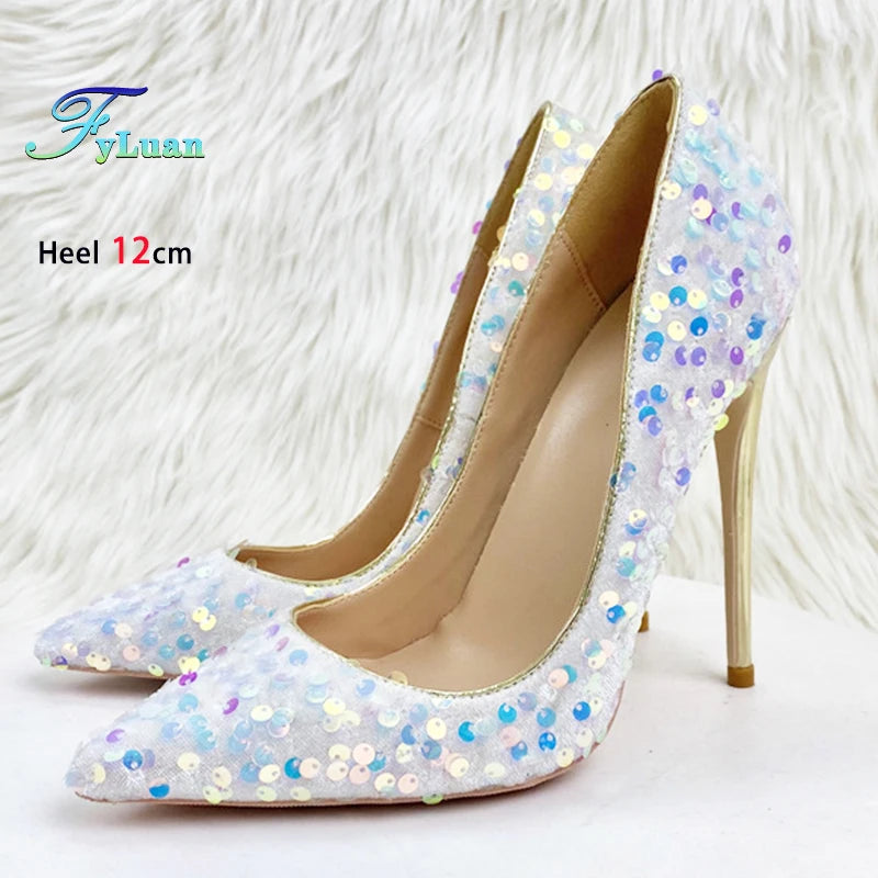Women Wedding High Heels Fashion Pointed Toe 8CM 10CM 12CM Blingbling Party Dress Shoes Plus Size 45 Glitter Sequis Woman Pumps