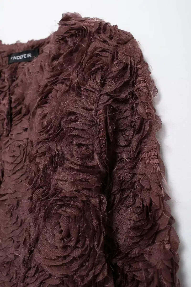 Spring and Autumn Simple Pure Color Round Neck Tops with Three-Dimensional Flower Shaped Texture Long Sleeved Jacket for Women