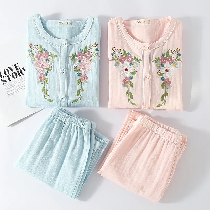 Women 100%Cotton Pajama Style Sleepwear Nightwear embroidery Summer Women's Short Sleeved Long Pants Cardigan Pajama Set