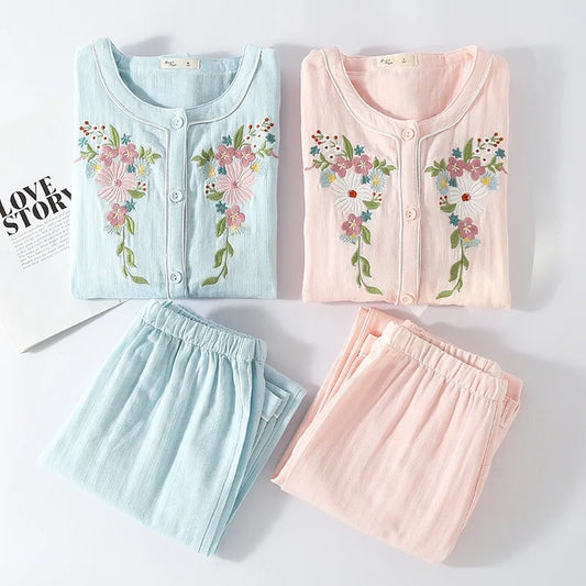 Women 100%Cotton Pajama Style Sleepwear Nightwear embroidery Summer Women's Short Sleeved Long Pants Cardigan Pajama Set